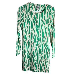 Diane Von Furstenburg Reina Dress Womens 2 Silk Shift Green Ivory Print L/S